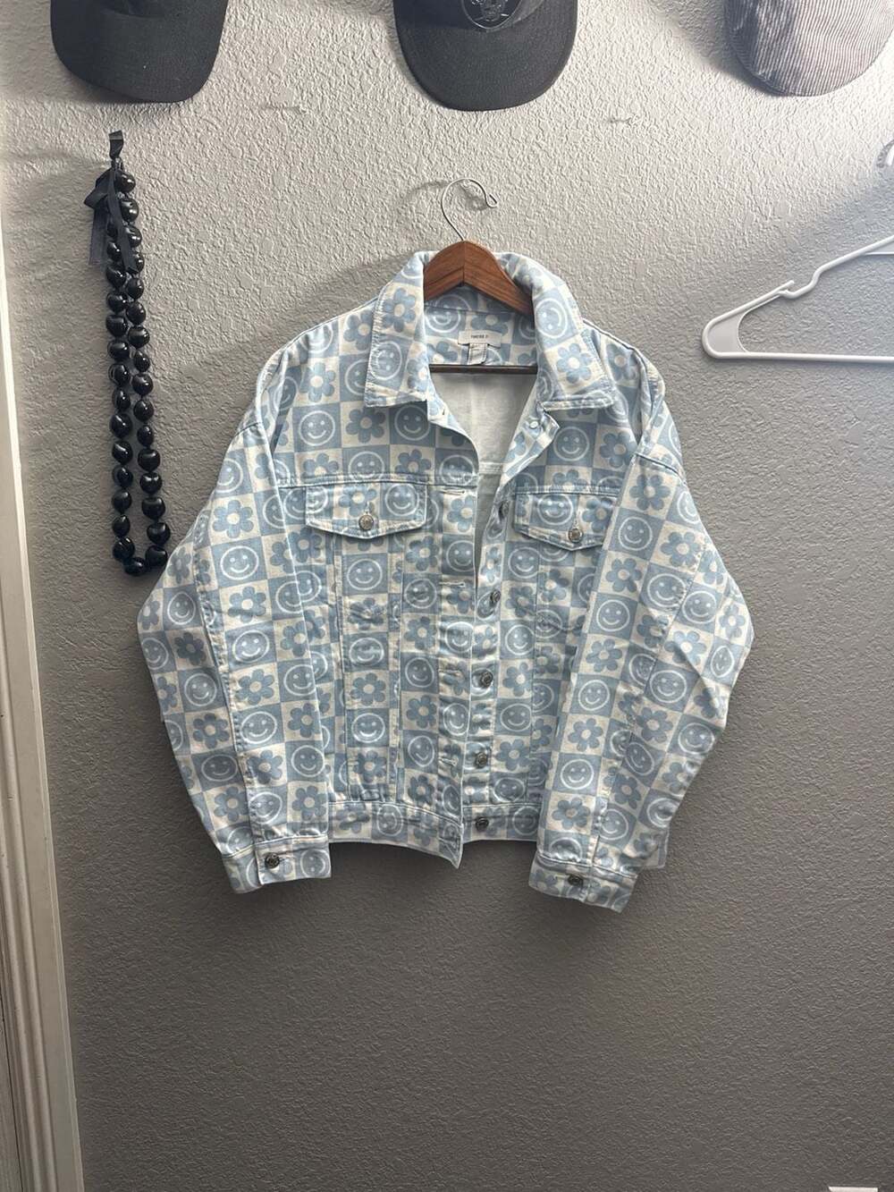 Forever 21 Light Blue Floral and Smiley Face Checkered Denim Jacket